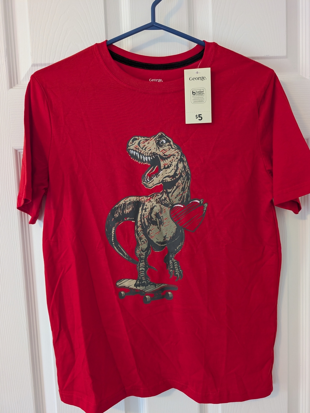 George Red Short-Sleeve Tee with Skateboarding Dinosaur Heart Graphic